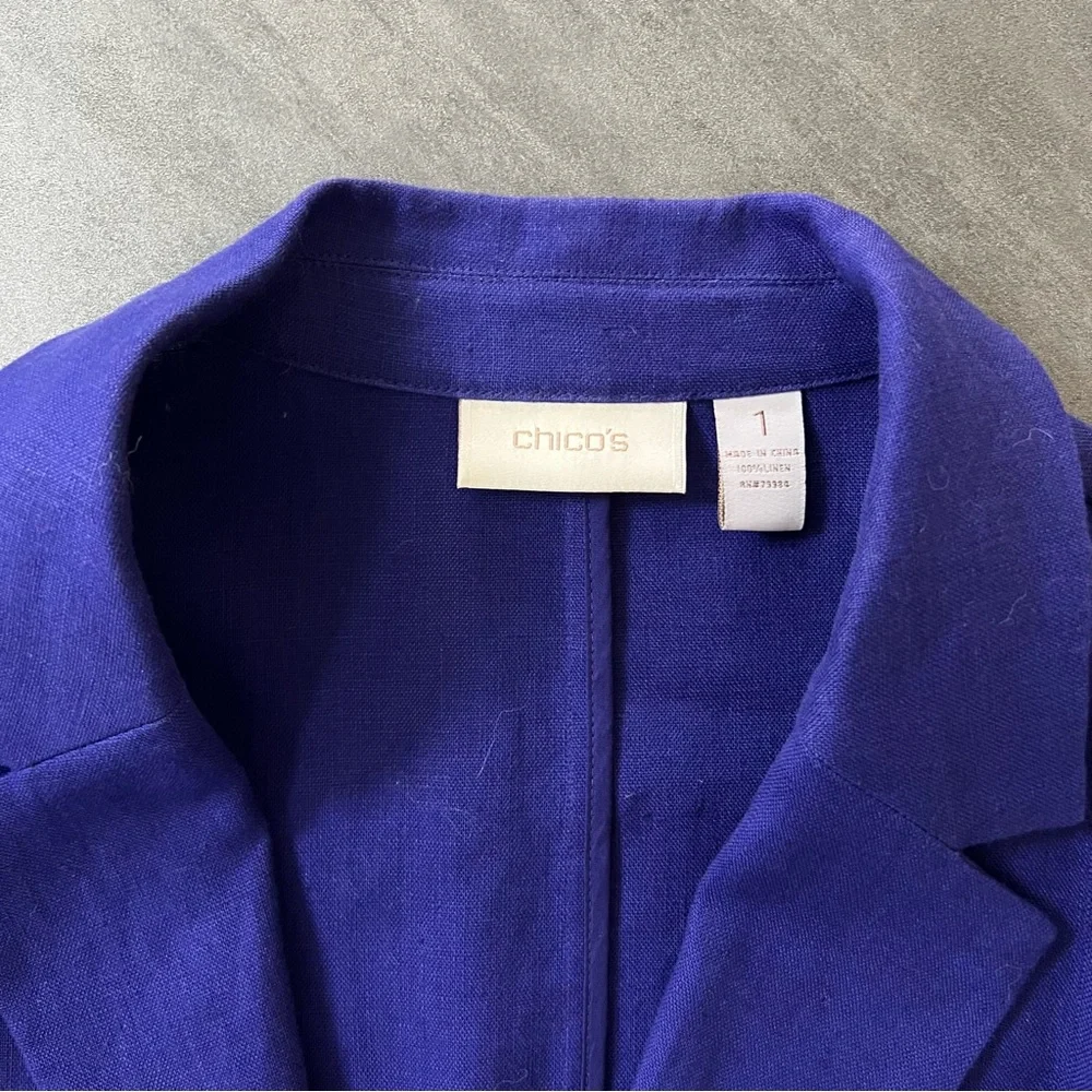 Chico’s Blazer Jacket Size 1 Medium 8‎ Blue Purple 100% Linen Jacket 3/4 Sleeve